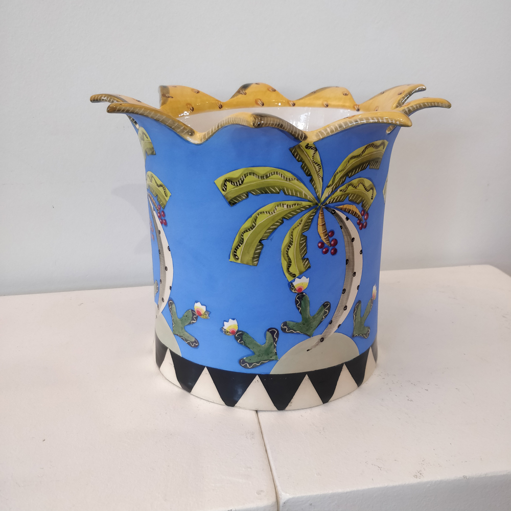 Large Blue Planter With Palms 